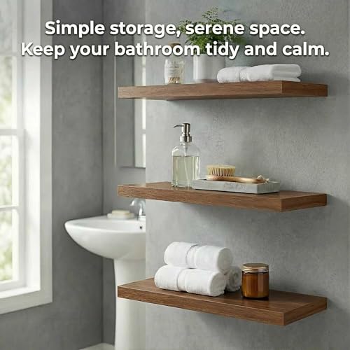 SAUMONIERES Floating Shelves Wall Shelf Solid Wood for Bathroom Bedroom Kitchen Storage Set of 3, Walnut Wall Shelves - color: Walnut, size: 16 Inch-3 shelves