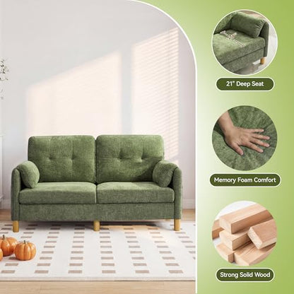 Mid Century Modern Couch, 65" Loveseat Sofa, Green | Storage Pockets, Upholstered Small Loveseat for Small Spaces, Bedroom, Home Office, Apartments - color: Green