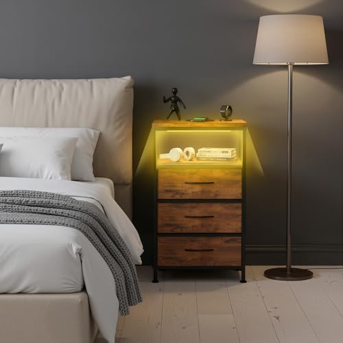 OLIXIS Nightstand with Charging Station, 3 Fabric Drawers Bedside Table | Night Stand with USB Type-C Ports, AC Outlets, Dimmable LED Light, Tall Narrow End Table for Small Bedroom, Rustic Brown - color: Rustic Brown, size: 15.7"Dx11.8"Wx27.9"H(3-Drawer)