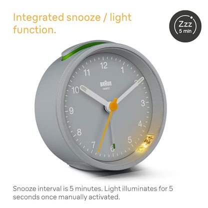 Braun Classic Analogue Alarm Clock with Snooze and Light, Quiet Quartz Movement, Crescendo Beep Alarm in Grey, Model BC12G. - color: Gray, size: 75 x 75 x 35 mm