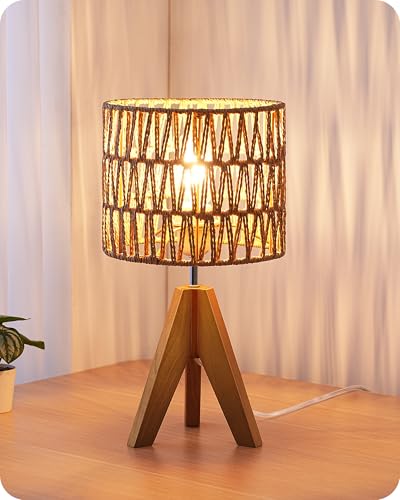 EDISHINE Rattan Small Table Lamp, Boho Nightstand Lamp, 14.2", E26 Base | Natural Style, Wood Tripod Base, Rosewood Color & W-Pattern Shade, Bedside Lamp for Living Room, End Table, Office - color: Rosewood Color&W-pattern Shade