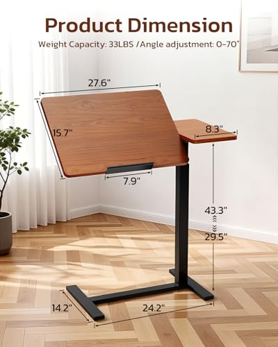 Simple Deluxe Standing Rolling Desk with Hidden Casters, Height Adjustable Pneumatic Mobile Laptop Desk, Tilting Bedside Table for Laptop, Overbed Bedside Table Hospital Home Use, Brown - color: Brown, style: Tiltable