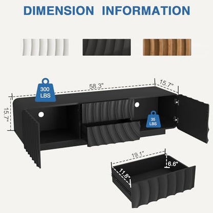 58'' TV Stand for 65 Inch TV, Modern Spiral Wave Media Console with Storage Cabinet and 2 Drawers, Low Profile Entertainment Center for Living Room Bedroom (Black)