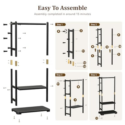 Solid Wood Clothes Rack with 2 Shelves & 4 Hooks for Hanging Clothes Garment Wallets Hats, Black Clothing Rack Heavy Duty Coat Rack Freestanding with Storage Hall Tree for Hallway Bedroom Living Room | Hallway bedroom living room, durable wood constructio