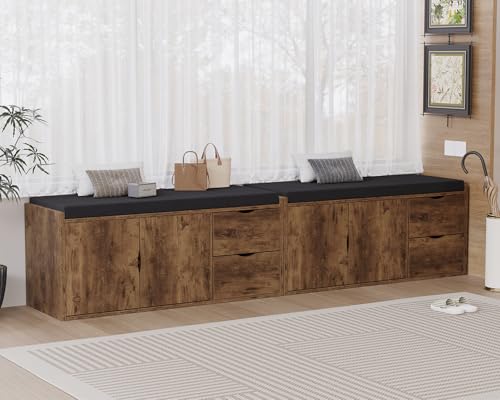 LVB Entryway Shoe Bench, Rustic Storage Bench with Cushioned Seating | Long Hidden Shoe Storage Bench with 2 Drawers, Industrial Wooden Shoe Benchs in Hallway Living Room Bedroom, Rustic Brown - color: Rustic Brown