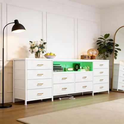 EnHomee 12 Drawers Dresser for Bedroom,TV Stand Fits 55/65/70 inch TVs | Entertainment Center with LED Lights & Power Outlets,Long Fabric Dresser with 2 Wood Shelves for Living Room,White PU Leather - color: White