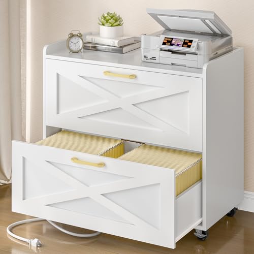 Lateral File Cabinet 2 Drawer Mobile File Cabinet with Charging Station for Legal/Letter/A4 Size Hanging Files, Modern Farmhouse Large Wood File Storage Cabinet for Home Office Furniture(Simple White) - color: Simple White