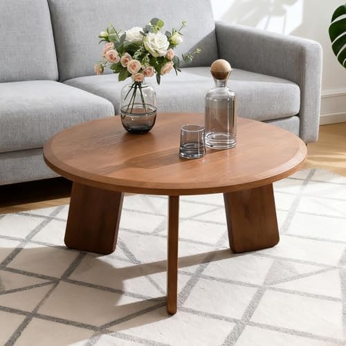 32" Round Coffee Table for Living Room, Wood Coffee Table with Solid Wood Legs, Small Center Table for Apartment, Modern Rustic Circle Coffee Table, Easy Assembly, Walnut - color: Circle, Walnut