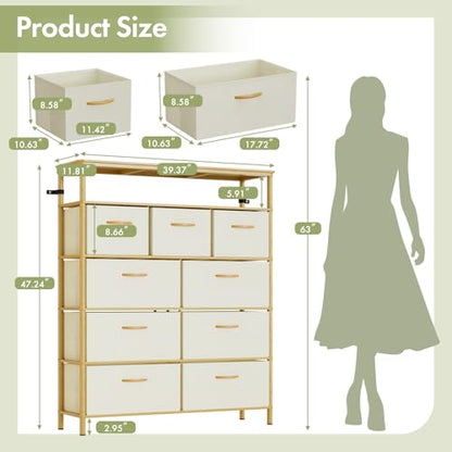 9 Drawer Fabric Dresser, Bamboo Fabric Drawer Dresser, Large Capacity Storage, for Bedroom and Living Room - size: 11.8"D x 39.6"W x 40.2"H (9 Drawers)