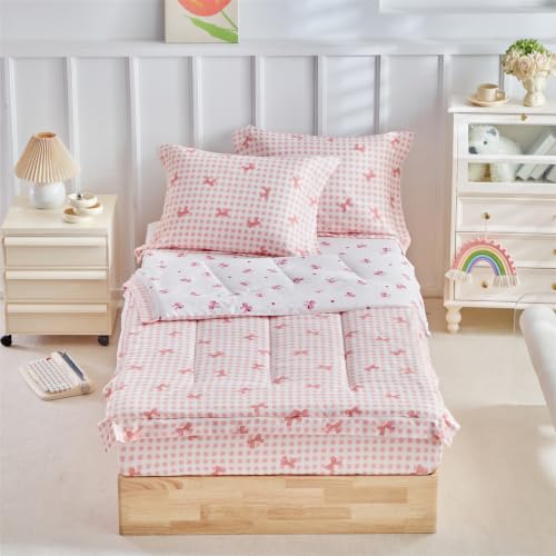 3pcs Kids Comforter Sets Zipper Bedding Set for Girls, Twin Kid Bedding Set Pink Bow Comforter Grid Bowknot Bedding for Kids, All in One Zipper Bedding(Pink，Twin) - color: Pink Bow, size: Twin-3pieces