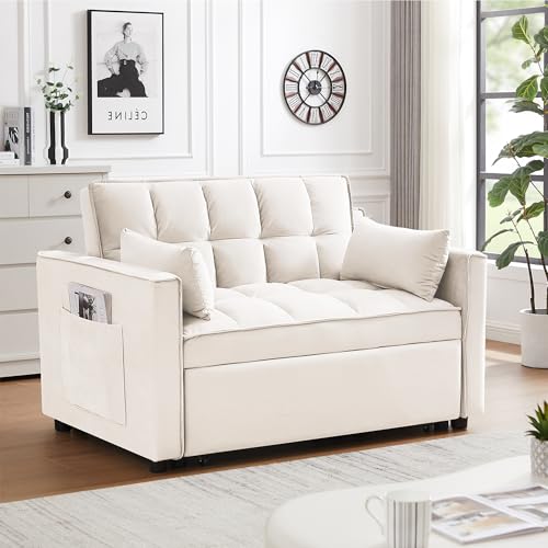 55" Pull Out Sleeper Sofa, Velvet Loveseat with Side Pockets, White | Velvet upholstery, 5-level adjustable back, Pull-out bed design, Sturdy frame with side pockets - color: White
