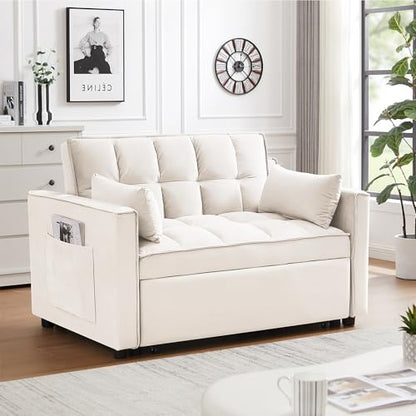 55" Pull Out Sleeper Sofa, Velvet Loveseat with Side Pockets, White | Velvet upholstery, 5-level adjustable back, Pull-out bed design, Sturdy frame with side pockets - color: White