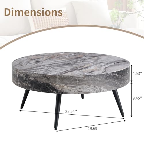 Round Coffee Table, Small Wood Marble Coffee Table with Metal Legs, Modern Mid Century Circle Tables Accent Center Tables for Living Room Apartment Small Space (31.5''D-Marble Grey) - color: Marble Grey