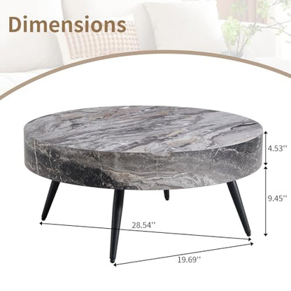 Round Coffee Table, Small Wood Marble Coffee Table with Metal Legs, Modern Mid Century Circle Tables Accent Center Tables for Living Room Apartment Small Space (31.5''D-Marble Grey) - color: Marble Grey