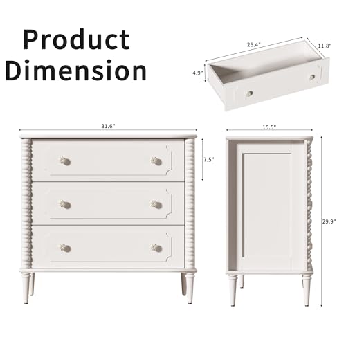 3 Drawer Dresser, 32 inch Wide Dresser for Bedroom, Modern Wood Chest of Drawers, Turned Legs Nightstand with 3 Drawers for Dorms, Hallway, Entryway - color: White, size: 15.5"D x 32"W x 30"H (3 Drawers)