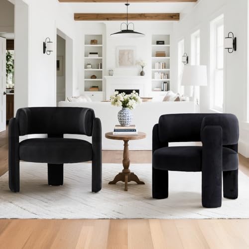 COLAMY Modern Velvet Accent Chairs Set of 2, Upholstered Barrel Chairs, Comfy Side Arm Chairs with 3 Legs for Living Room, Bedroom, Reading, Black - color: New-black, size: Set of 2