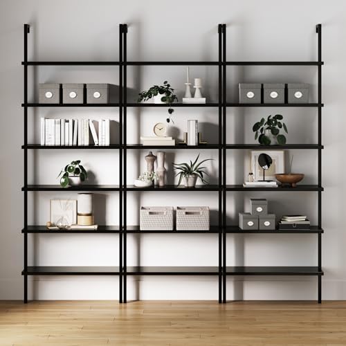 Nathan James Theo 6-Shelf Tall Bookcase, Wall Mount Bookshelf Wood Shelves and Metal Frame, Matte Black, Set of 3 - color: Black, size: Set of 3