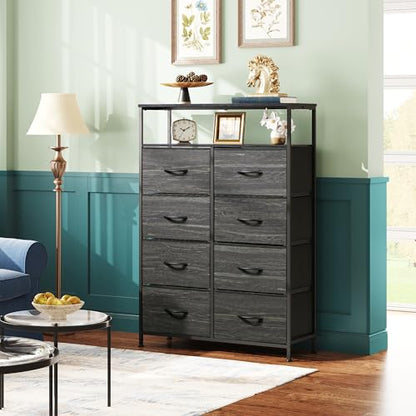 WLIVE 8 Drawer Fabric Dresser Open Shelves, Tall Bedroom Chest, Charcoal | 8 fabric drawers plus open shelves, steel frame with wood top, great for bedroom closet entryway and dorm storage - color: Charcoal Black Wood Grain Print, style: Raised Shelves