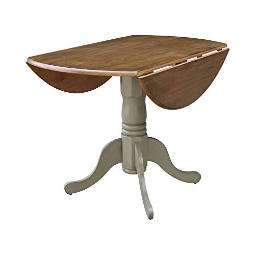 IC International Concepts, 42" Round Dual Drop Leaf Pedestal Dining Table, Solid Real Wood, Sturdy Parawood, Distressed Hickory/Stone - color: Distressed Hickory/Stone