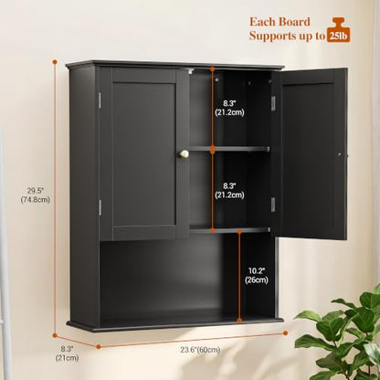 Bathroom Wall Cabinet, Black 30" x 24" Wall Mounted Medicine Cabinet, Over Toilet Storage Hanging Cabinet Adjustable Shelves Cupboard with Large Space for Laundry Room, Bedroom, Kitchen, Entryway - size: 29.5"x 23.6"x 8.3"-black
