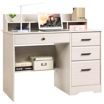 Computer Desk with Drawers and Hutch, Farmhouse Home Office Desk, Wood Student Desk with File Drawer for Bedroom, Writing Table for Small Space, Warm White - color: Warm White
