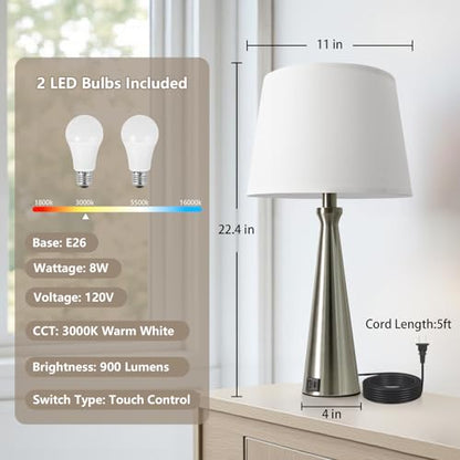 Modern Touch Lamps for Nightstand, 3 Way Dimmable Bedroom Lamp Set of 2 | USB C+A Charging Ports, Silver Bedside Lamps for Bedroom, Living Room, End Table, Bed Side, LED Bulb Included - color: C. Silver Base-White Shade