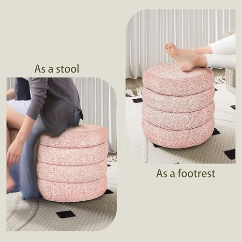 allamazing Storage Ottoman, Round Ottoman with Storage, Vanity Stool Foot Rest with Removable Lid, Round Boucle Upholstered for Living Room Pouf Footstool (Pink) - color: Pink