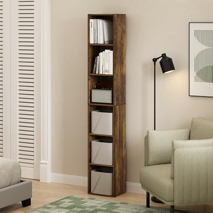 Furinno LUDER Book Shelf, 6-Tier Tall Modern Bookshelf, Bookcase with Open Shelves, 9.3 x 12 x 71, for Living Room, Bedroom, Home Office, Amber Pine - color: Amber Pine, size: 6-Tier, 12.1-Inch Width