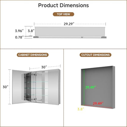 30" x 30" Bathroom Medicine Cabinet with Mirror, Recessed or Wall Mount | Medicine Cabinets with Adjustable Glass Shelves, Soft-Closed Hinge, Chrome Aluminum Frame, Reverse Installation - size: 30" x 30"