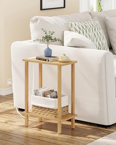 TUTOTAK Narrow Side Table, 2-Tier Small End Table with Charging Station | Skinny Sofa Table, Slim Nightstand, Easy Assembly for Living Room, Bedroom, Natural TB01BN060 - color: Natural, size: 2-tier