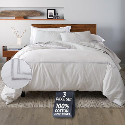 Ella Jayne Duvet Cover Queen Size (3 Pieces), 100% Cotton Percale, Full/Queen, Soft, Breathable & Lightweight, Including Duvet Cover (1 Piece) 90 x 90 Inches with 2 Pillow Shams (Silver Design) | Queen Duvet Cover | Soft Cotton Percale | 90 x 90 Inch Cove