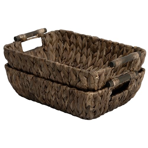StorageWorks Wicker Storage Basket, Organizing Baskets for Shelf, Brown | Wicker Storage Baskets for Shelves, Baskets with Wooden Handles, 2-Pack Gifts Basket for Home Decor, Hand-Woven Basket - color: Dark Brown(Water Hyacinth), size: Medium
