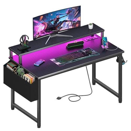 Lufeiya Gaming Desk with Power Outlets and LED Lights, 40 Inch Gamer Desk Table with Charging Station, Home Office Computer Desks with Monitor, Black - color: Carbon Fiber Black, size: 39.4"
