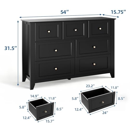 Garvee Black 7-Drawer Dresser for Bedroom, 54" Entryway Storage Organizer | Modern Lacquered Chest of Drawers for Bedroom, 15.8"D x 54"W x 31.5"H, MDF - color: Black, size: 15.8"D x 54"W x 31.5"H (7 Drawers)
