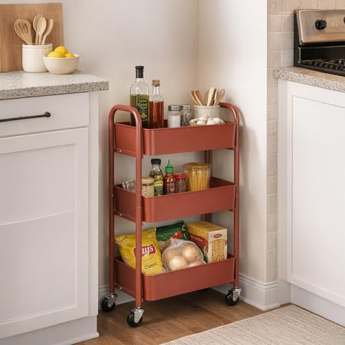 SunnyPoint 3-Tier Delicate Compact Rolling Metal Storage Organizer - Mobile Utility Cart Kitchen/Under Desk Cart with Caster Wheels (RED, 15.35" X 10.24" X 26.8"H) - color: Red