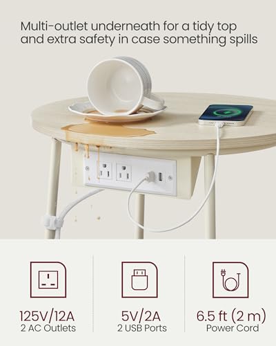 VASAGLE LILEA Collection - Side Table with Charging Station, Round End Table with Fabric Basket, Nightstand with USB Ports, for Living Room, Bedroom, Modern, Cream White ULET228N01 - color: Cream White