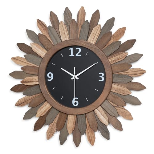 Large Wall Clock Battery Operated 21 in Rustic Wood Boho Sunburst Decorative Wall Clock Silent Non Ticking Farmhouse Wall Clocks for Living Room Bedroom Kitchen Bathroom Decor (Tricolor) - color: Tricolor, size: 21 inch