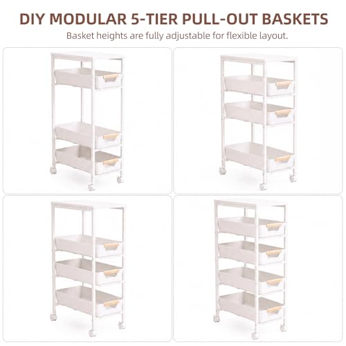 5 Tier Slim Rolling Storage Cart with Pull-Out Drawers, White | Narrow Utility Organizer Cart, Wooden Top, Wheels, For Small Spaces, Kitchen, Bathroom, Laundry Room - color: White