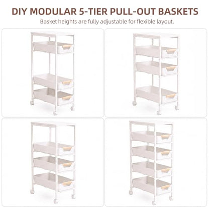 5 Tier Slim Rolling Storage Cart with Pull-Out Drawers, White | Narrow Utility Organizer Cart, Wooden Top, Wheels, For Small Spaces, Kitchen, Bathroom, Laundry Room - color: White
