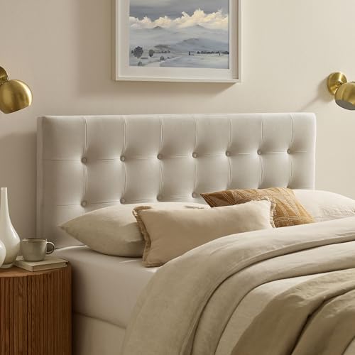 Modway Emily Full Size Performance Velvet Headboard in Alabaster - Stain-Resistant Velvet Upholstery with Button Tufting and 7 Adjustable Height Positions - color: Alabaster, size: Full