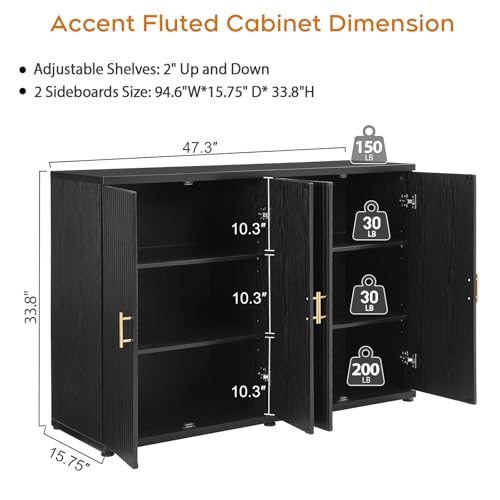 Black Accent Fluted Sideboard Buffet Cabinet with Storage and 4 Doors, Mordern Credenza Storage Cabinet with Adjustable Shelves, Media Console Table, for Living Room Dinning Entryway Kitchen - color: Black, size: 1 Piece