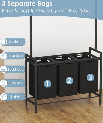Large Laundry Hamper with Clothes Rack Hanging Bar, 10 x 3 Gal Pull-Out & Removable Sorter Bags, Freestanding Laundry Basket Organizer for Bathroom, Bedroom and Laundry Room, Black
