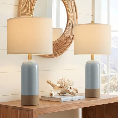 PoKat 24'' Farmhouse Blue Table Lamps Set of 2 for Living Room, Two-Tones | Ceramic Bedside Lamps for Bedroom, Hand-Textured Design, Kiln Variation Glaze, Coastal Lamps for Nightstand, Hallway,Entryway - color: Blue Reactive Glaze
