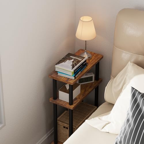 Apicizon Small Narrow Side Table, 3-Tier Skinny End Table, Brown and Black | Sofa Side Table, Slim End Table, Wood Storage Shelf, Slim Nightstand Bedside Table for Narrow Spaces, Living Room, Bedroom - color: Rustic Brown and Black, style: Narrow Side Tab