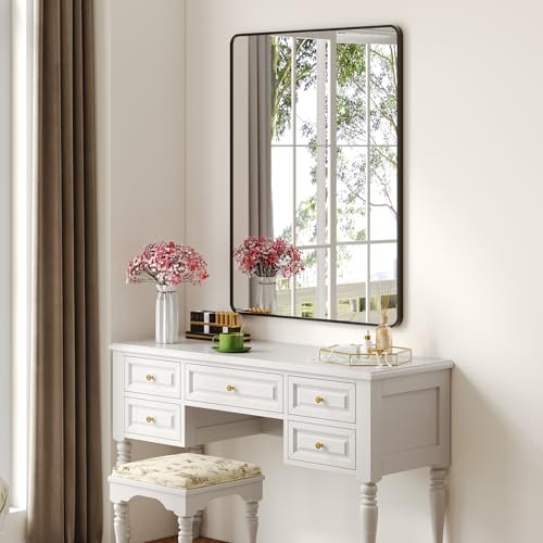 Krymnar 40"x30" Bathroom Vanity Mirror Over Sink, Black Rectangular Aluminum Frame with Rounded Corner(Small-Radius), HD Shatterproof Glass & Rust-Proof Wall Mirror for Bedroom, Living Room, Entryway - size: 40"L x 30"W
