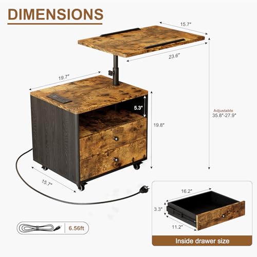 Bedroom Nightstand with Drawers & Charging Station, Adjustable Height Bedside Table with Wheels, Wooden Small Sofa Side Tables with Storage for Living Room, Rustic Brown - color: [A3] Rustic Brown