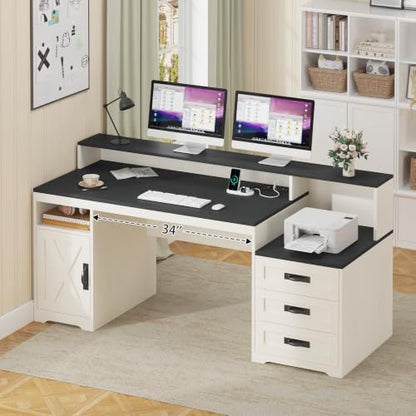 65" Farmhouse Computer Desk with Drawers and Printer Stand for Home Office | Office Desk with Power Outlets and Storage Cabinet, Study Writing Desks with Long Monitor Stand, Black and White - color: Black and White
