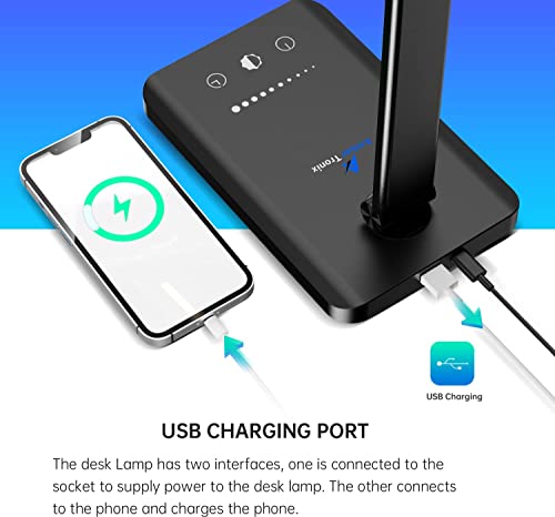 Ambertronix LED Desk Lamp with USB Charging Port, Dimmable Eye-Caring Reading Desk Light for Home, with 5 Brightness Level & 3 Lighting Modes, Touch Control, Auto Timer (Black) - style: Black 1.0