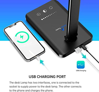 Ambertronix LED Desk Lamp with USB Charging Port, Dimmable Eye-Caring Reading Desk Light for Home, with 5 Brightness Level & 3 Lighting Modes, Touch Control, Auto Timer (Black) - style: Black 1.0