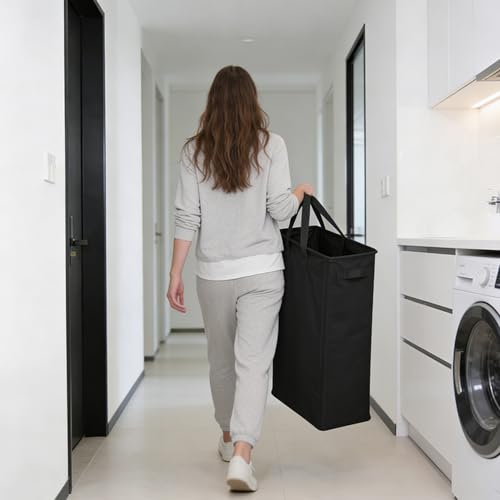 Narrow Laundry Hamper, Skinny Laundry Basket, 45L Black, 24" | Slim Laundry hamper for Small Spaces laundry bag with handle, Foldable clothes hampers for laundry basket organizer - color: Black (With Handles)